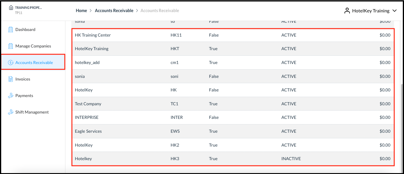 Accounts Receivable Page