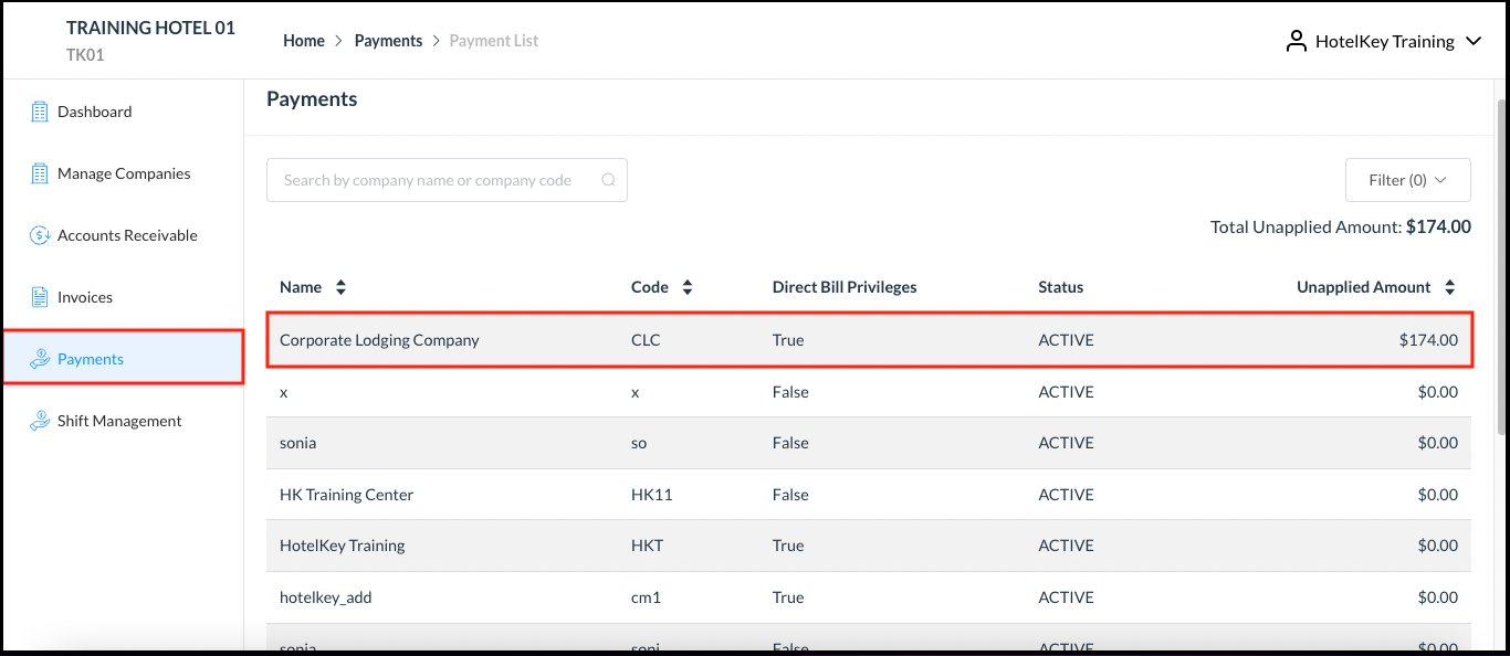 Payments Panel - Select Line Item