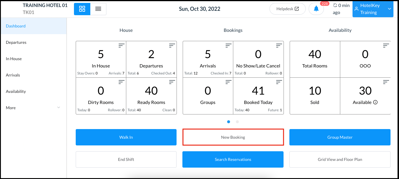 Dashboard - New Booking Button