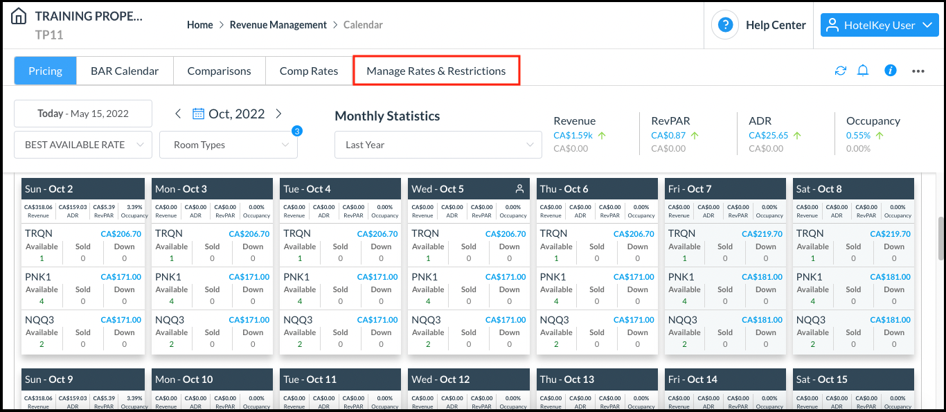 Rate Calendar Page