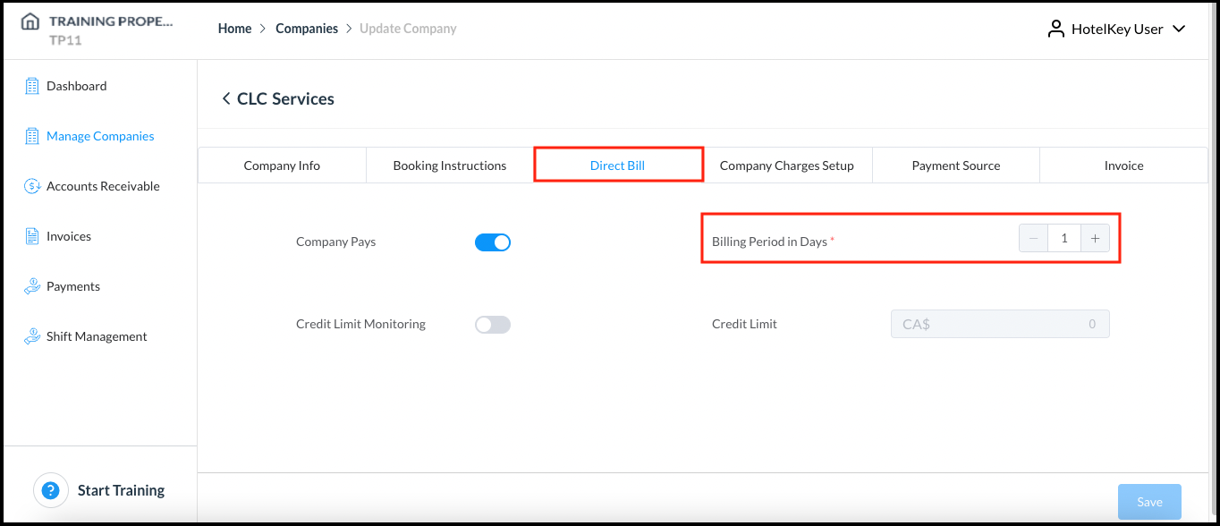 Update Company Panel - Direct Bill Tab