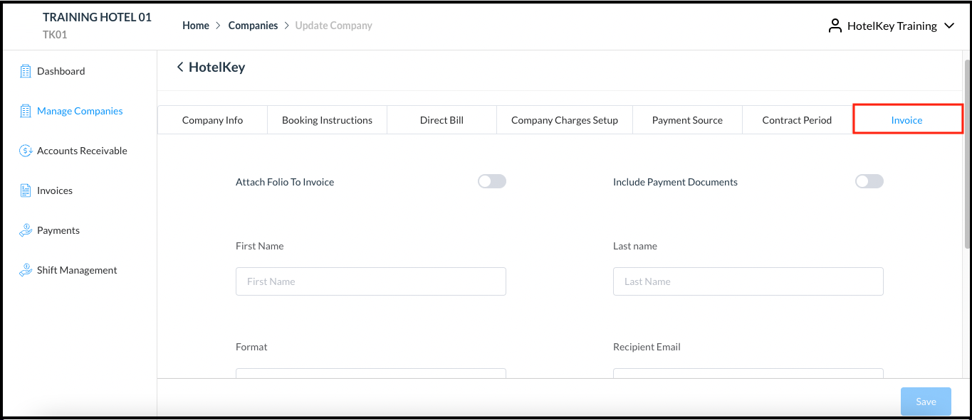 Update Company Panel - Invoice Tab