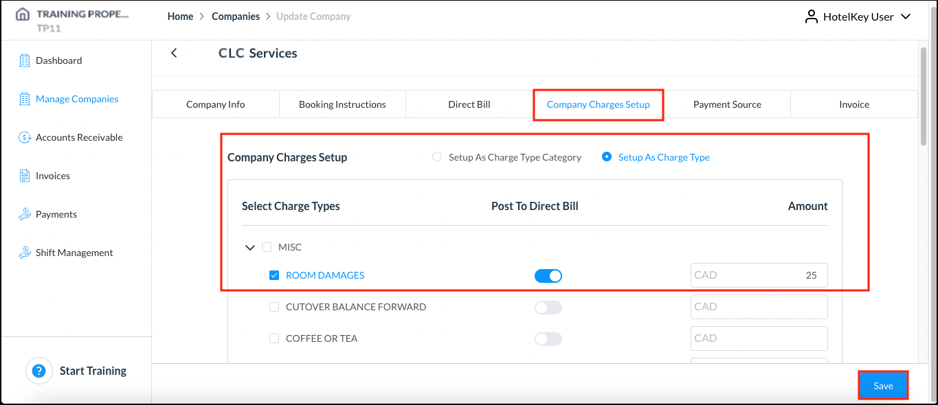 Company Charges Setup