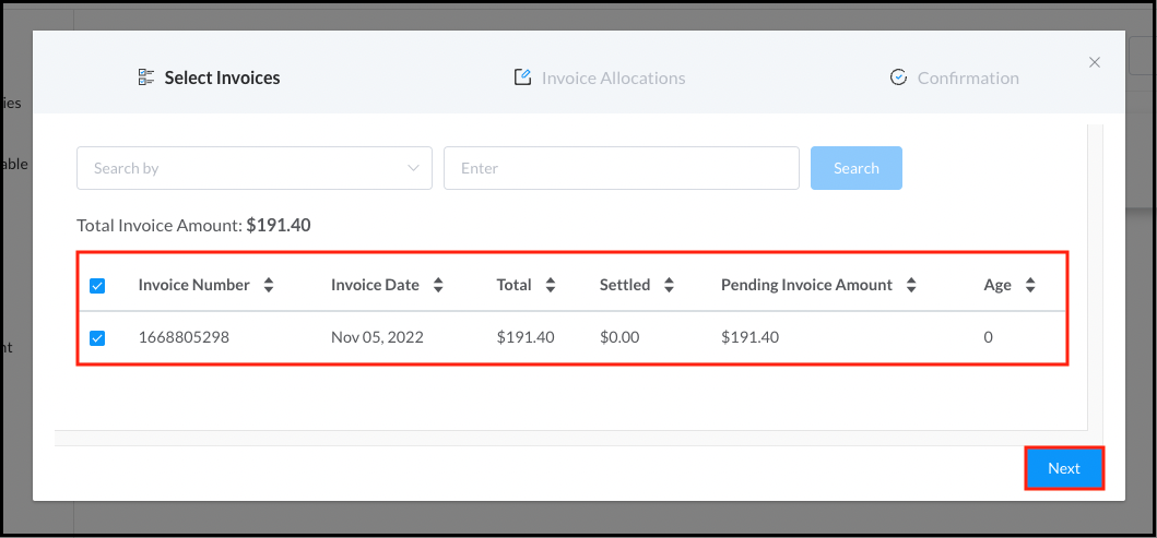 Payment Processing Popup - Select Invoices