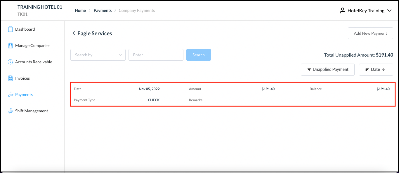 Company Payments Page - Payments Line Item