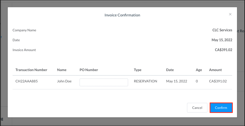 Invoice Confirmation Popup