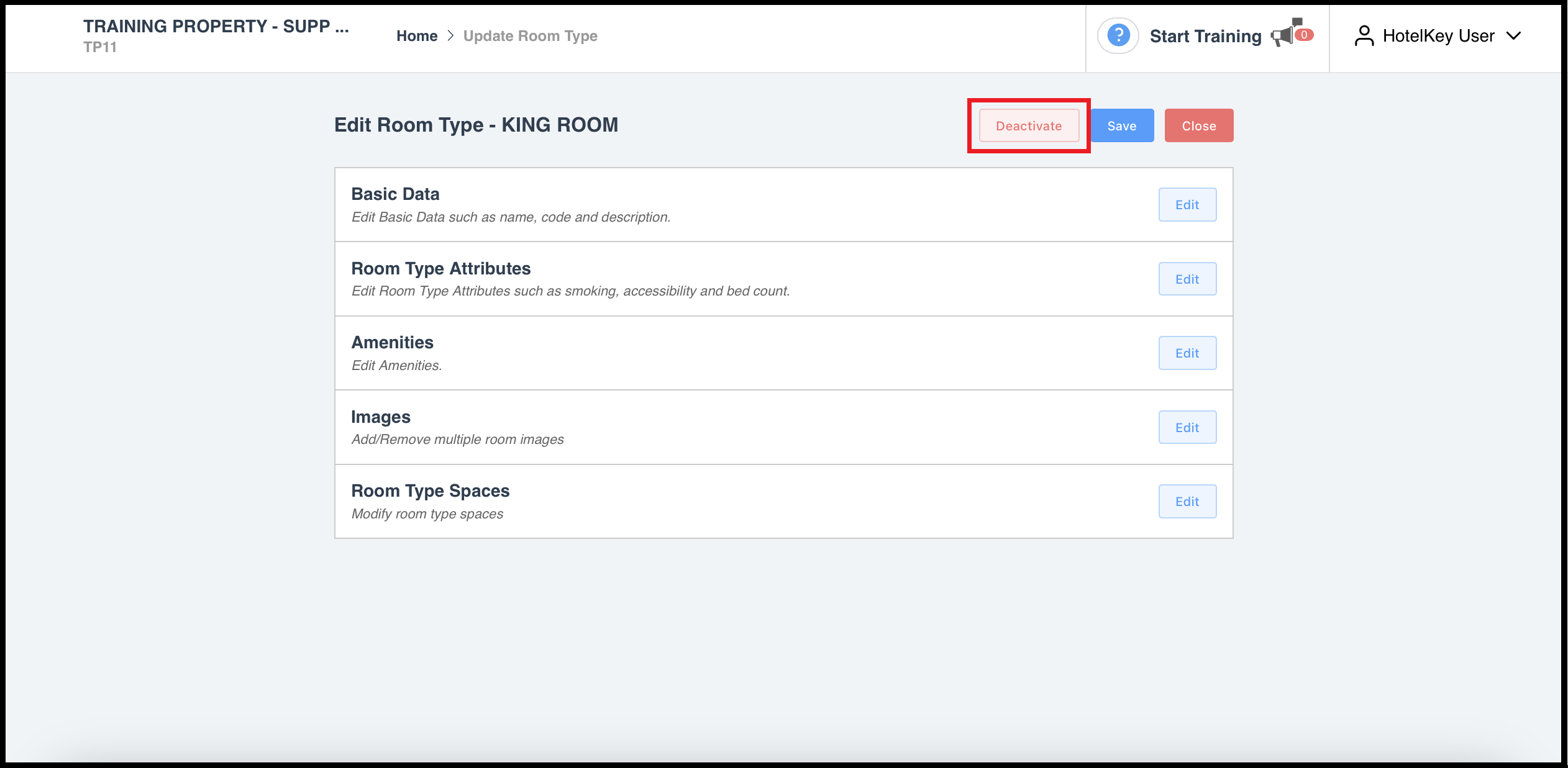 Edit Room Type Page - Deactivate Link