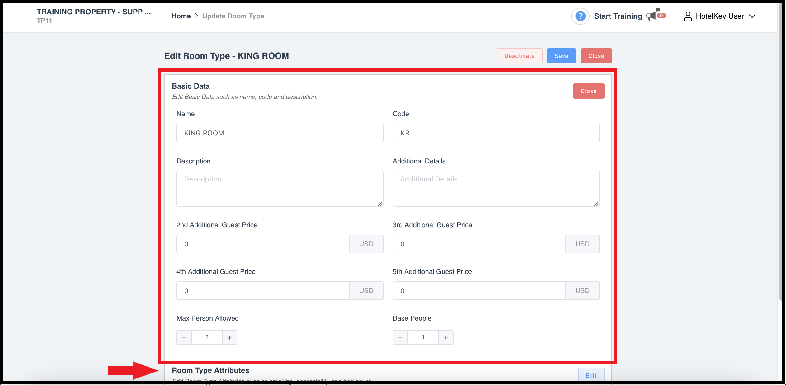 Edit Room Type Page - Basic Data Section Expanded