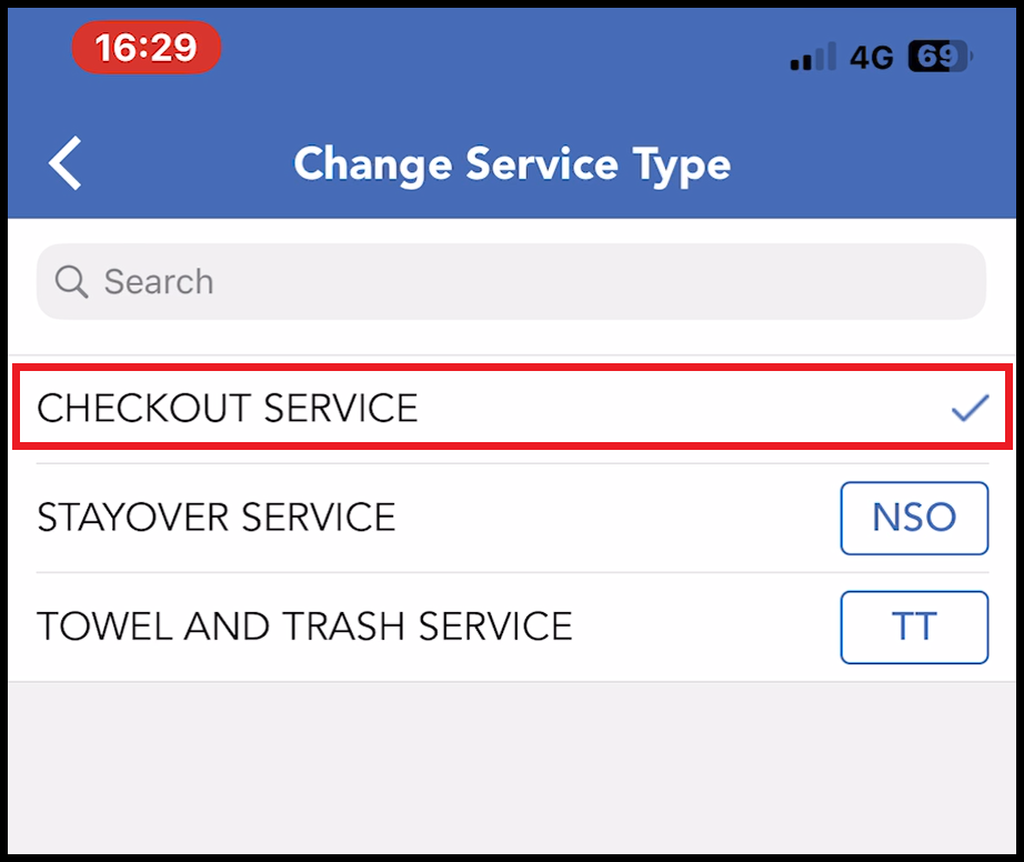 Change Service Type Panel - Service Type Currently Selected