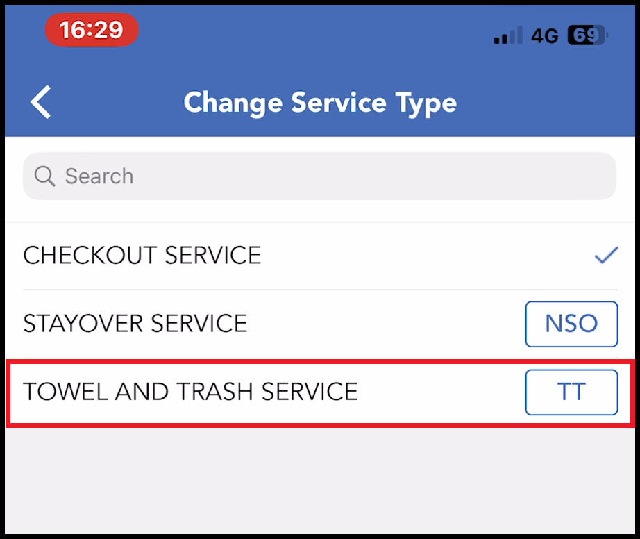 Change Service Type Panel - Select Different Service Type