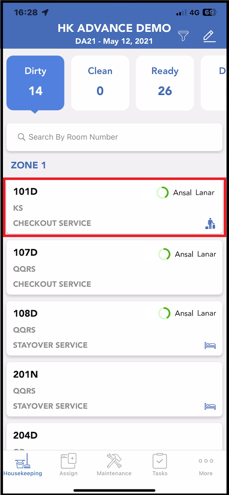 Housekeeping Tab - Select Room