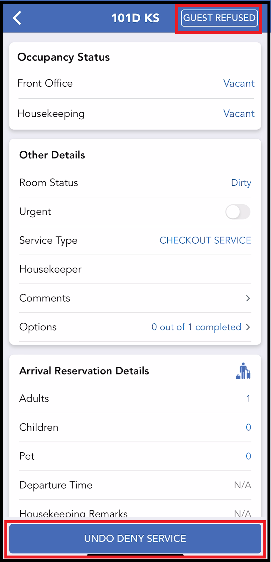Room Detail Page Updated With DENY SERVICE Status