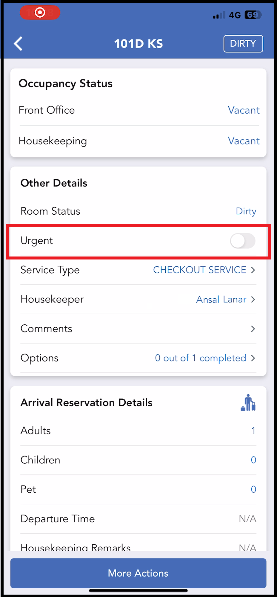 Room Detail Panel - Urgent Indicator