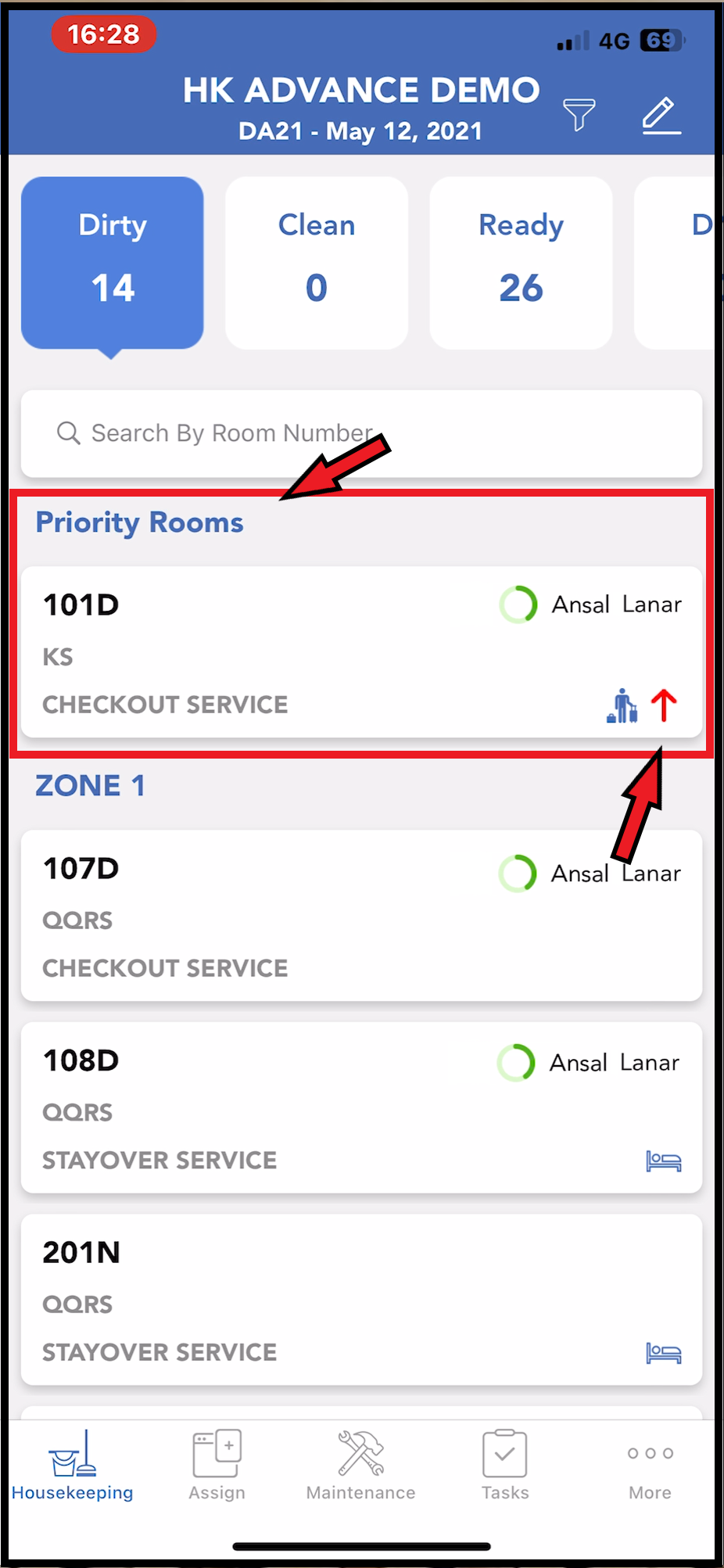 Housekeeping Tab - Priority Rooms Section Added