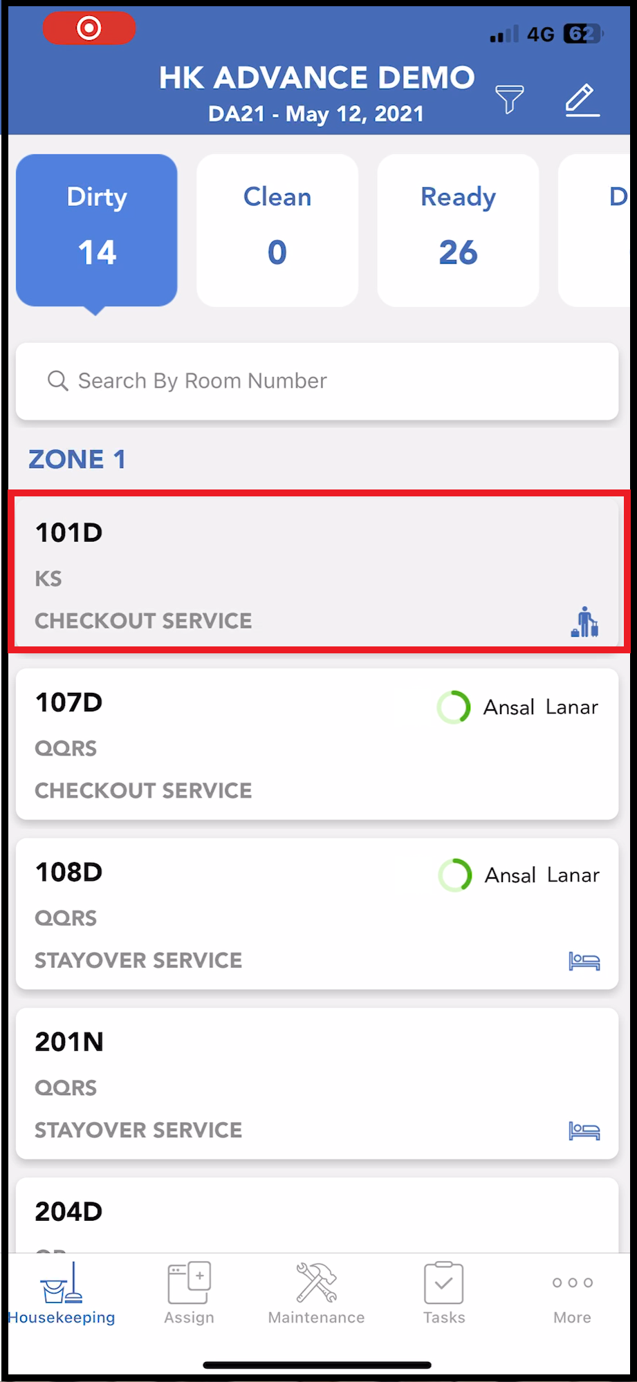 Housekeeping Tab Room List - Select Room