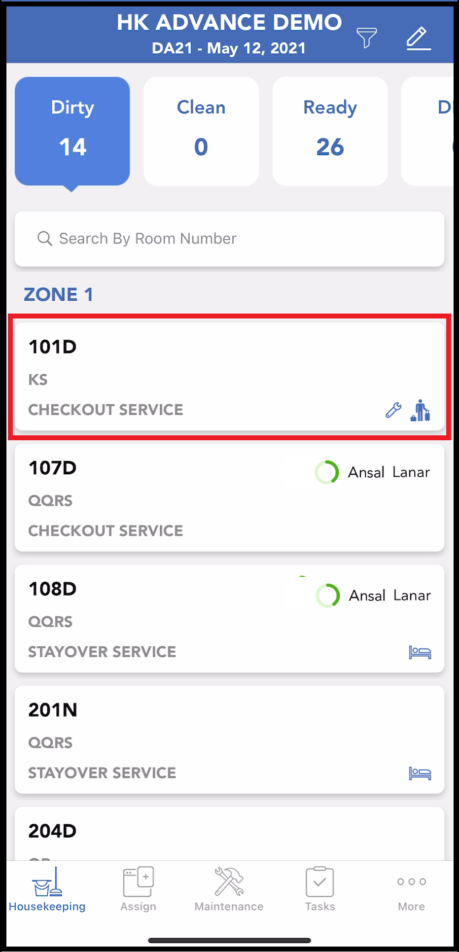 Housekeeping Tab Room List