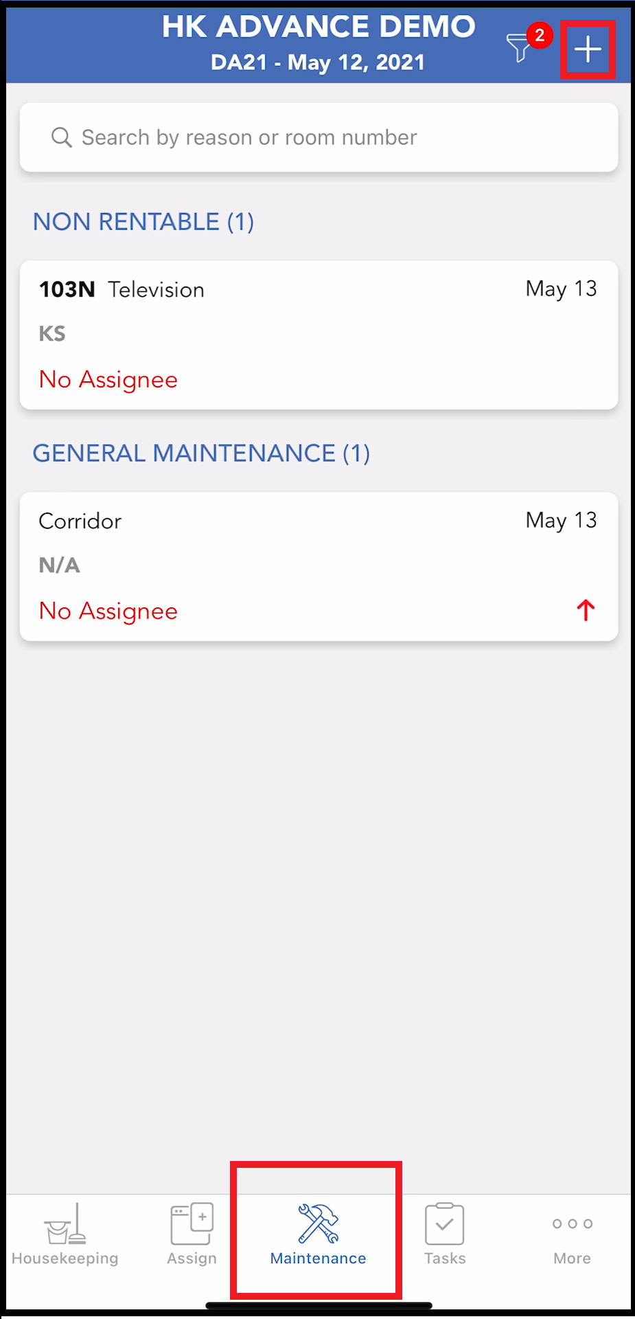 Maintenance Tab - Request List