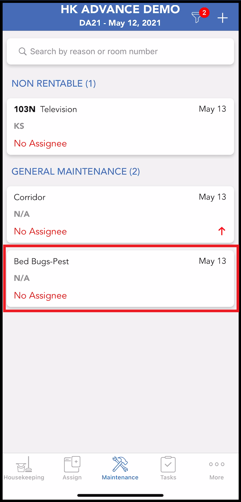 Maintenance Tab - Request List