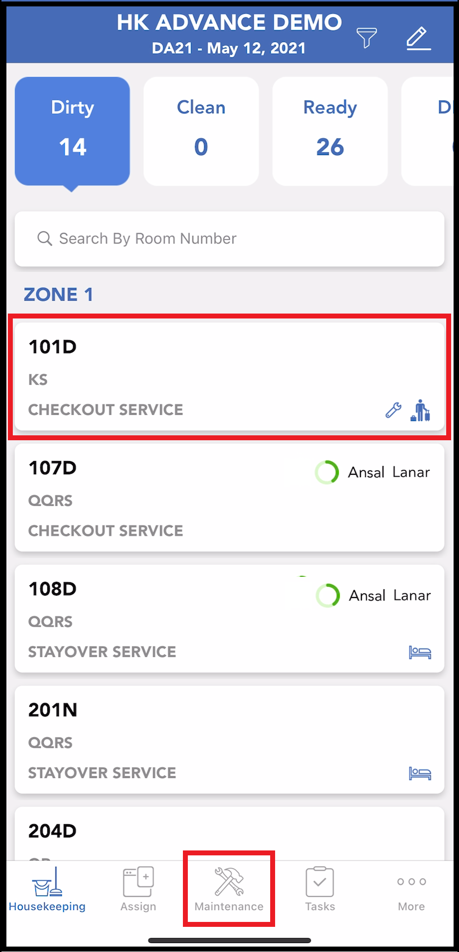 Housekeeping Tab - Room With Maintenance Request