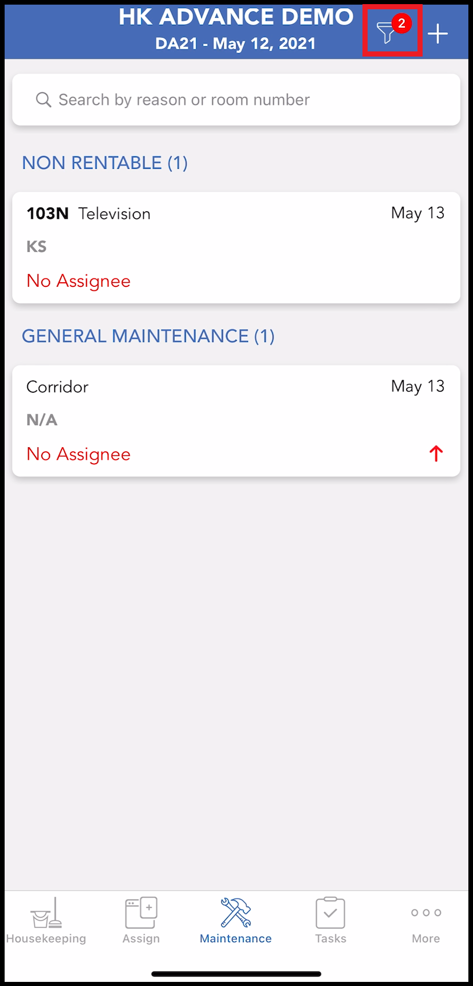 Maintenance Tab - Request List