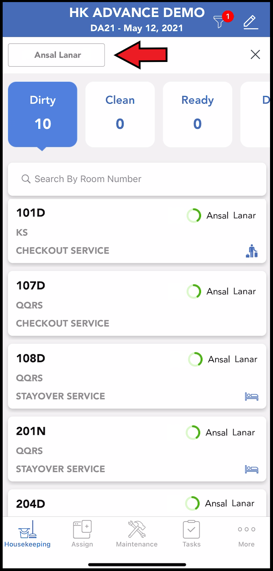 Filtered Housekeeping Room List