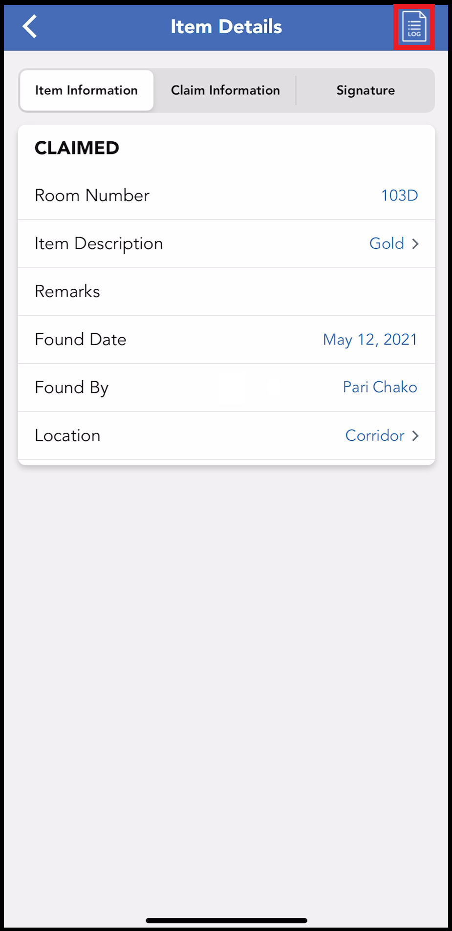 Item Details Information Tabs