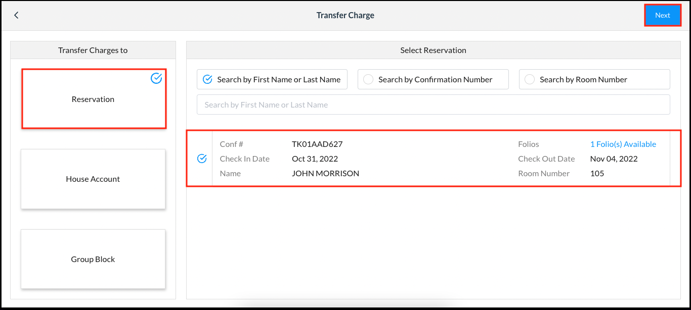 Transfer Charge Popup - Reservation Selected to Receive Transfer