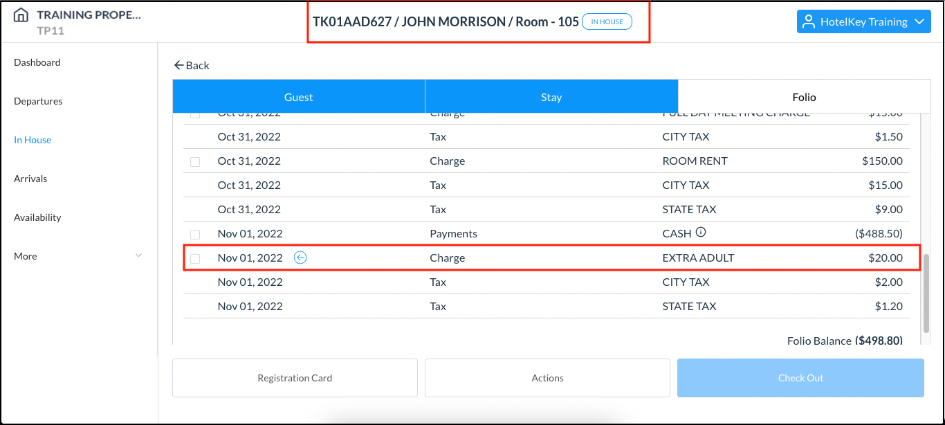 In House Folio Tab - Charges are Transferred