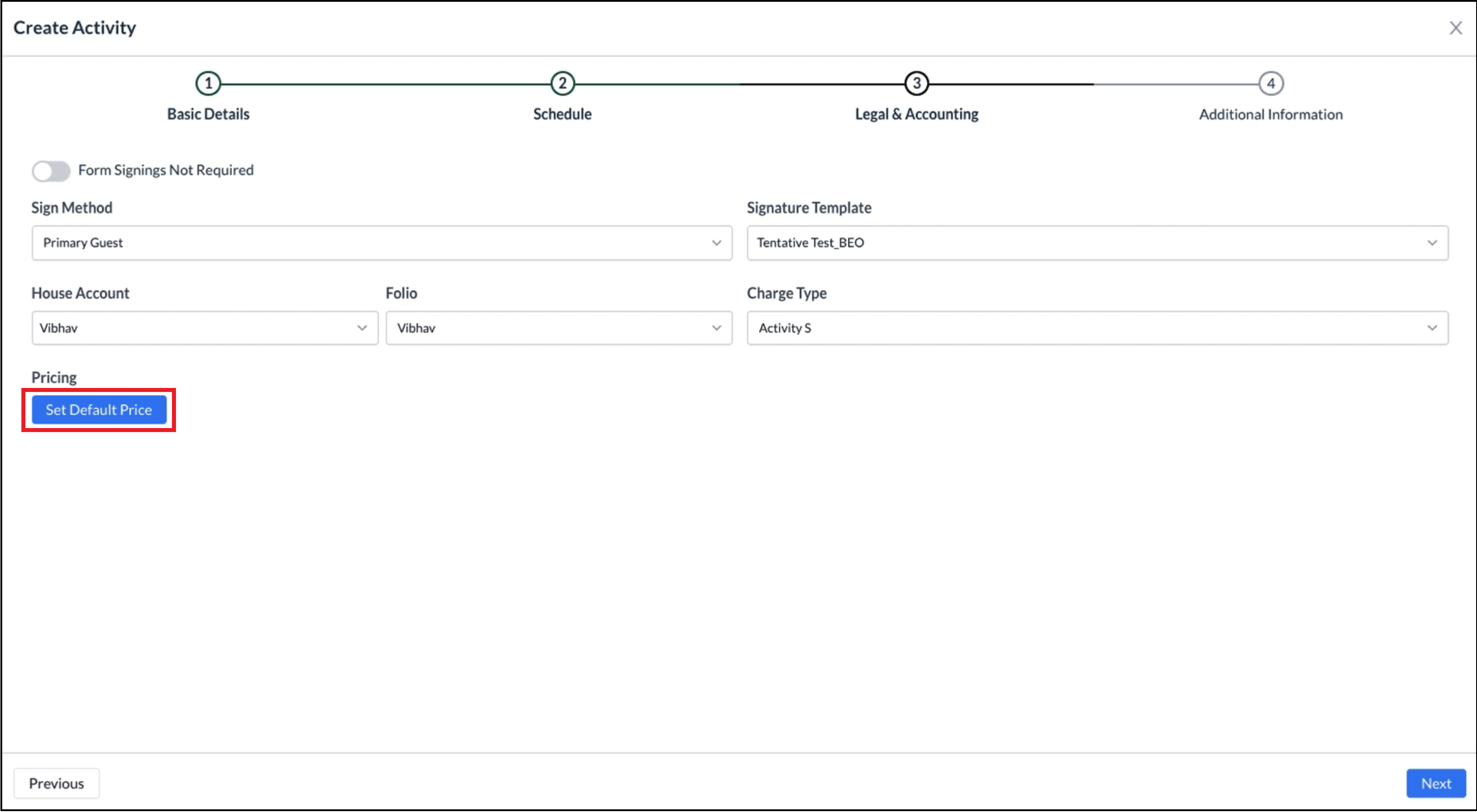 Activities Wizard - Legal and Accounting Panel, Set Default Price Link