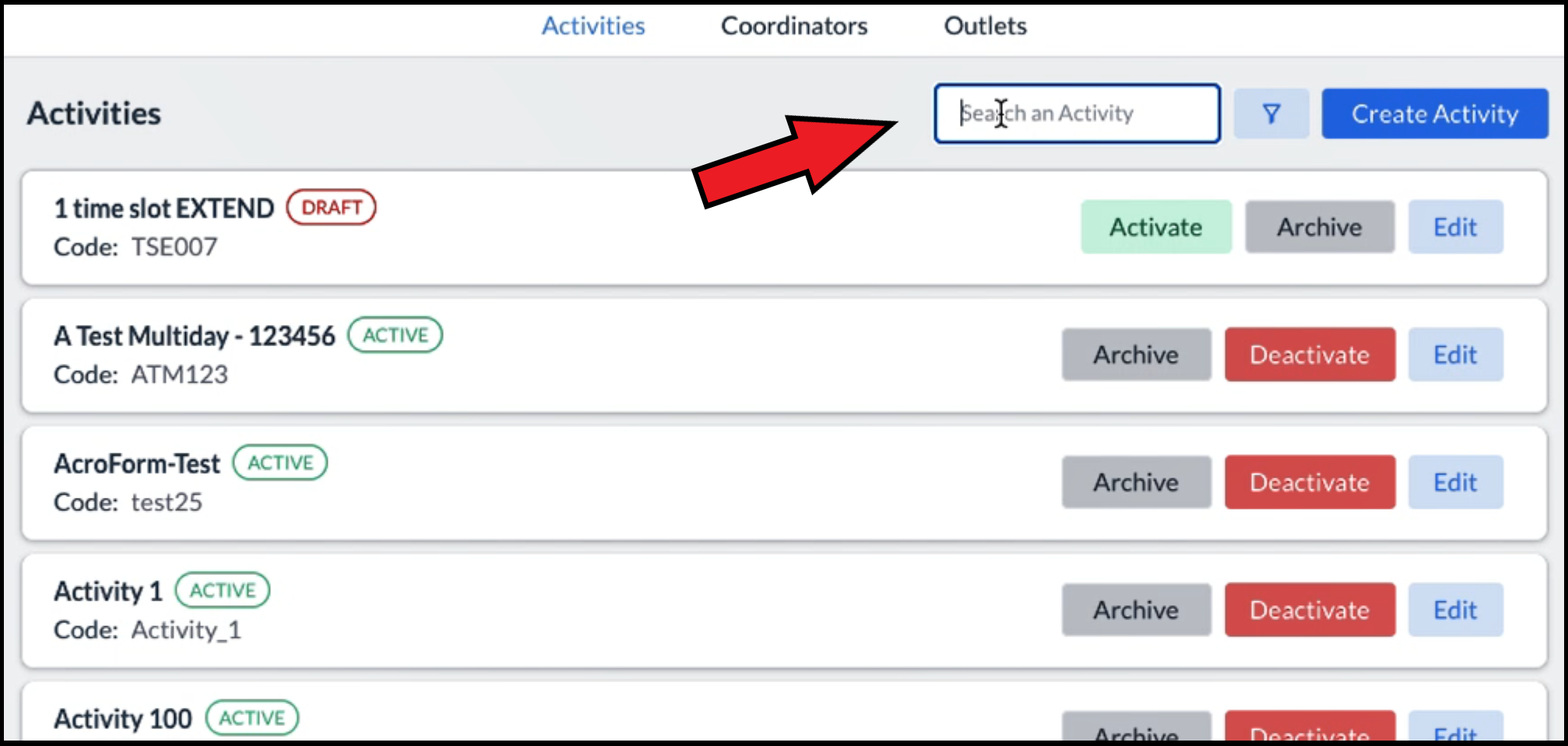 Activities List Search Box