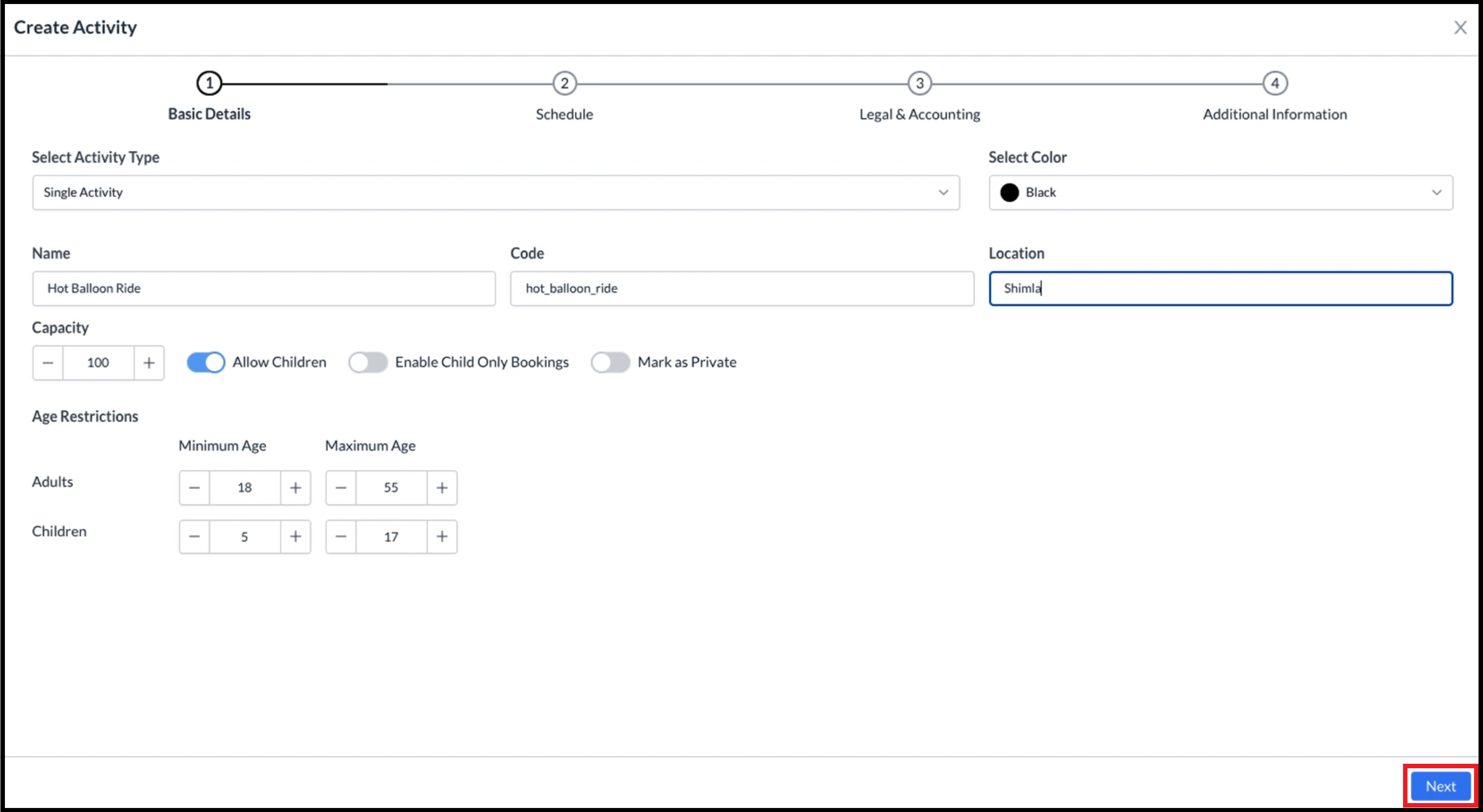 Activities Wizard - Basic Data Panel, Filled