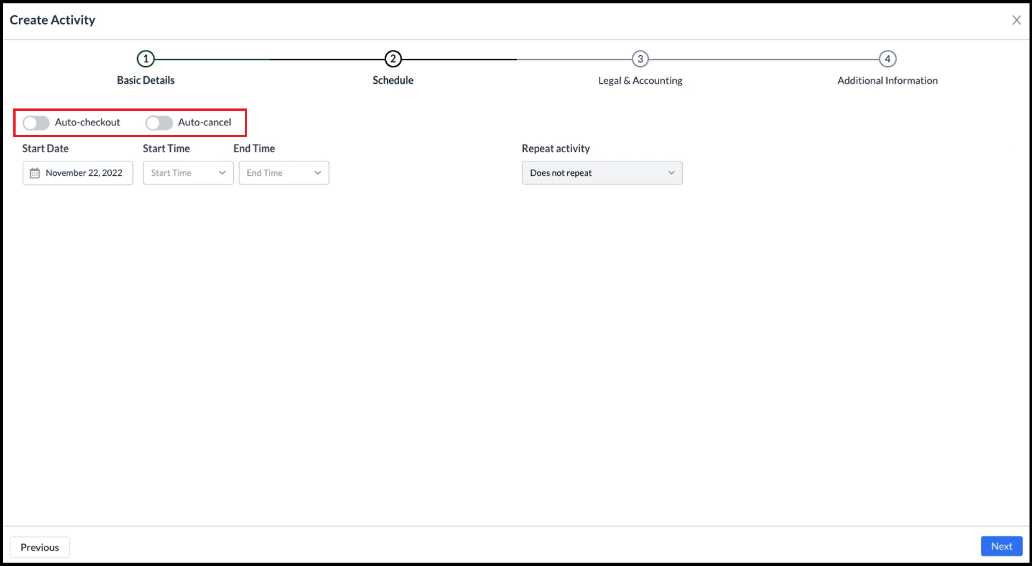 Activities Wizard - Schedule Panel, Blank