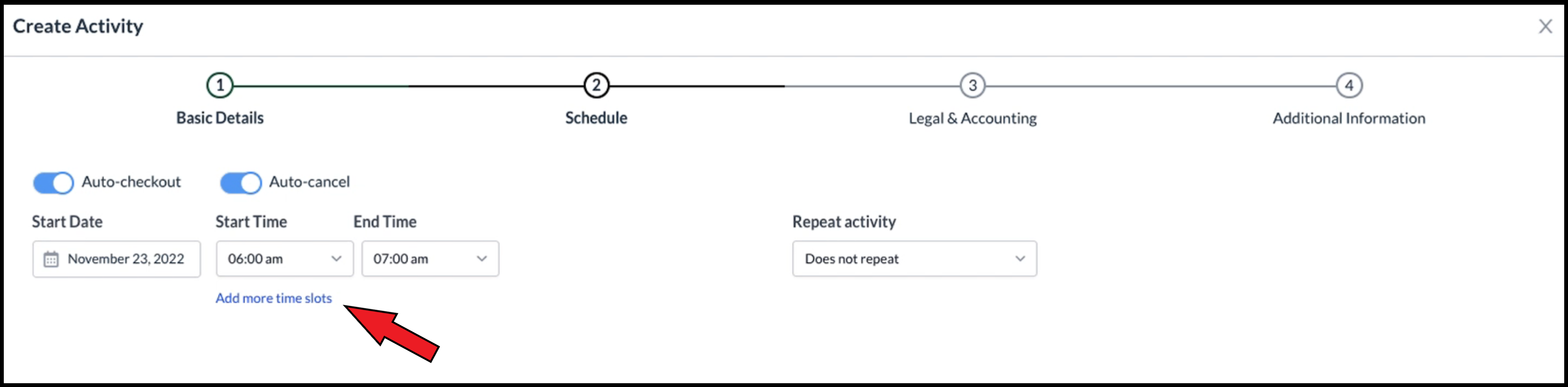 Activities Wizard - Schedule Panel, Enter First Time Slot