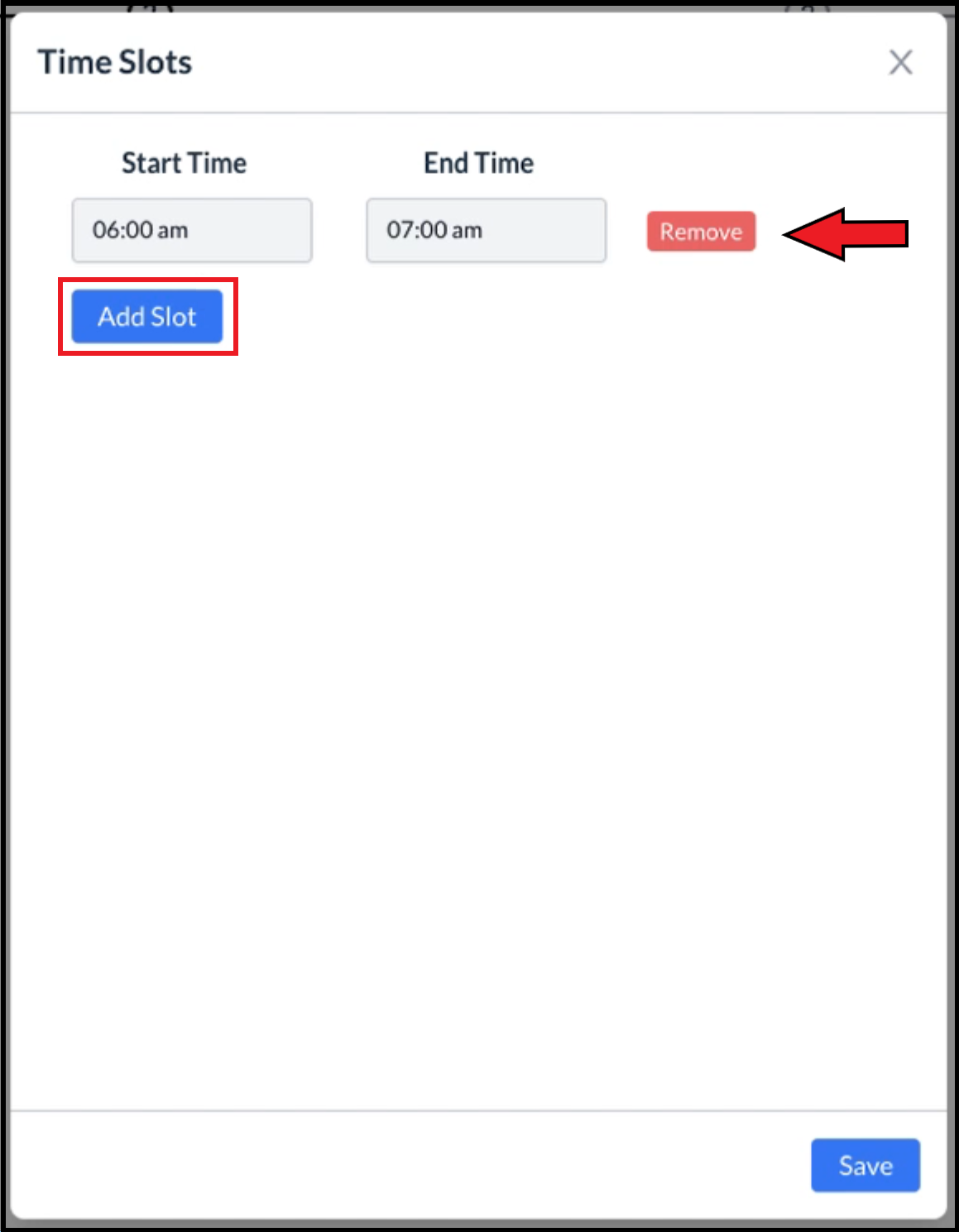 Time Slots Popup - Add Slot Link