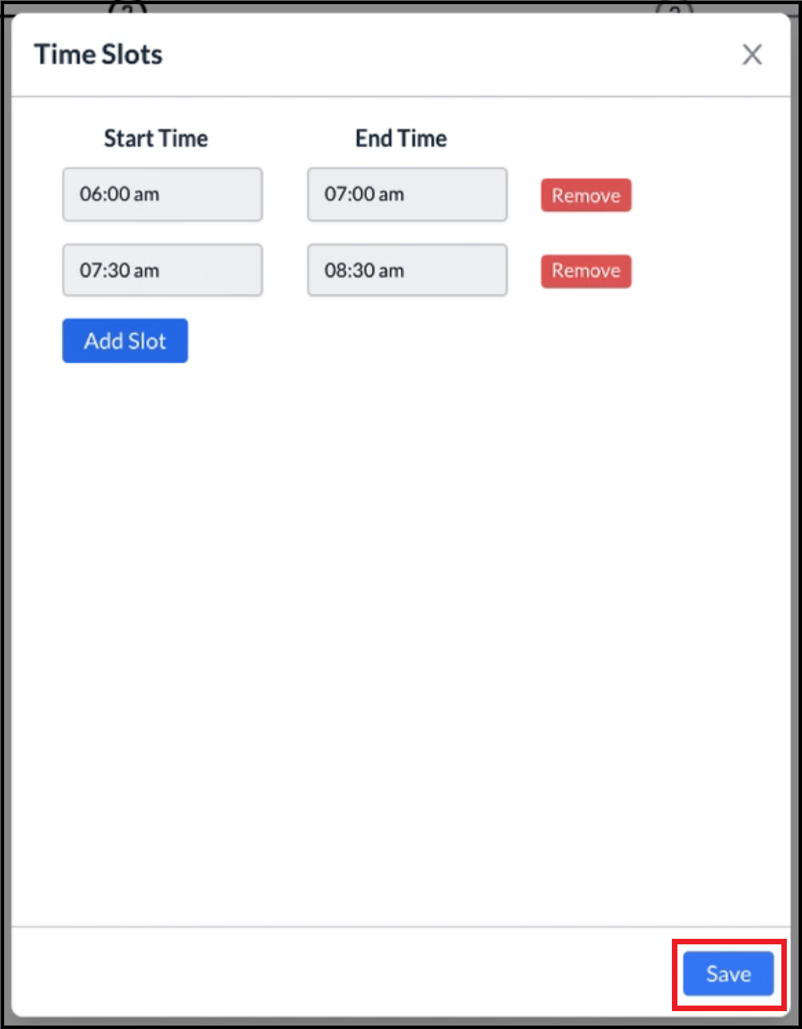 Time Slots Popup - Time Slot Added