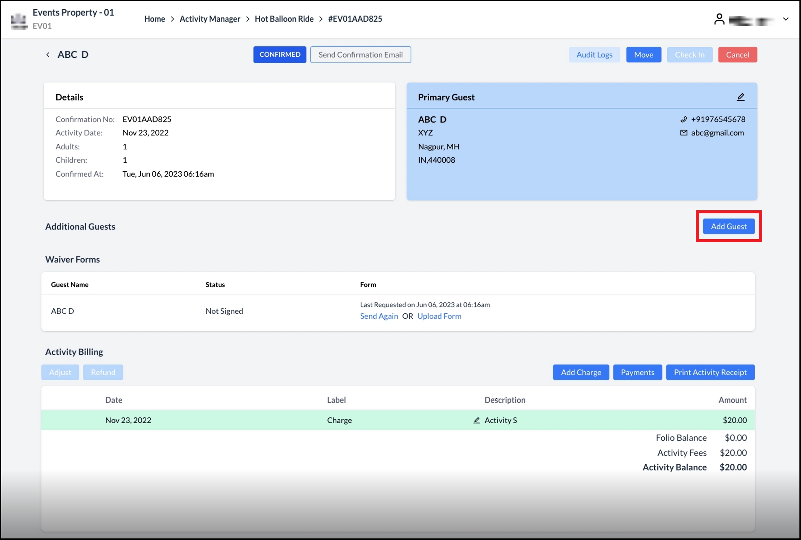 Activity Booking Details Panel - Add Guest Link