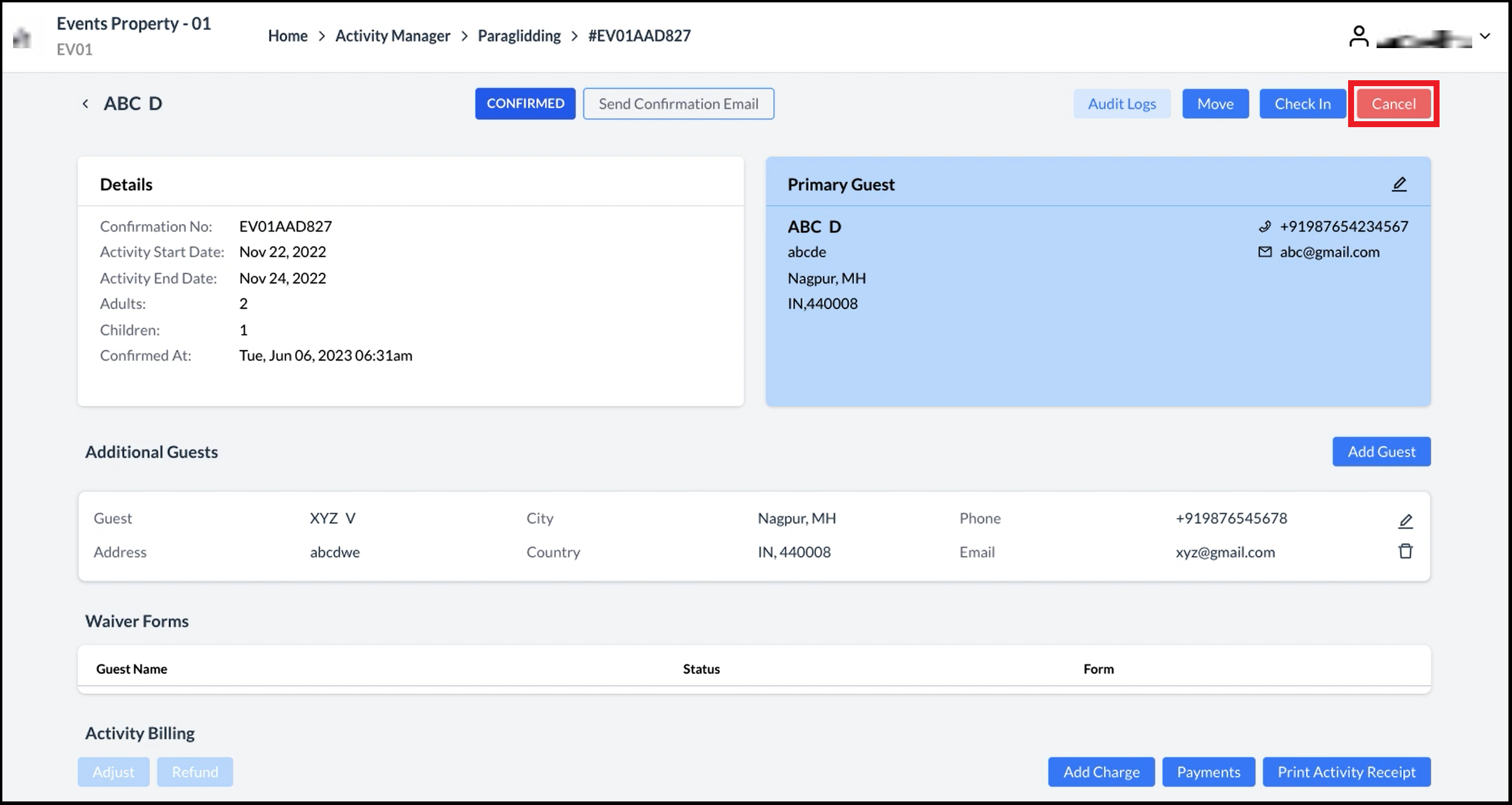 Activity Booking Details - Cancel Link