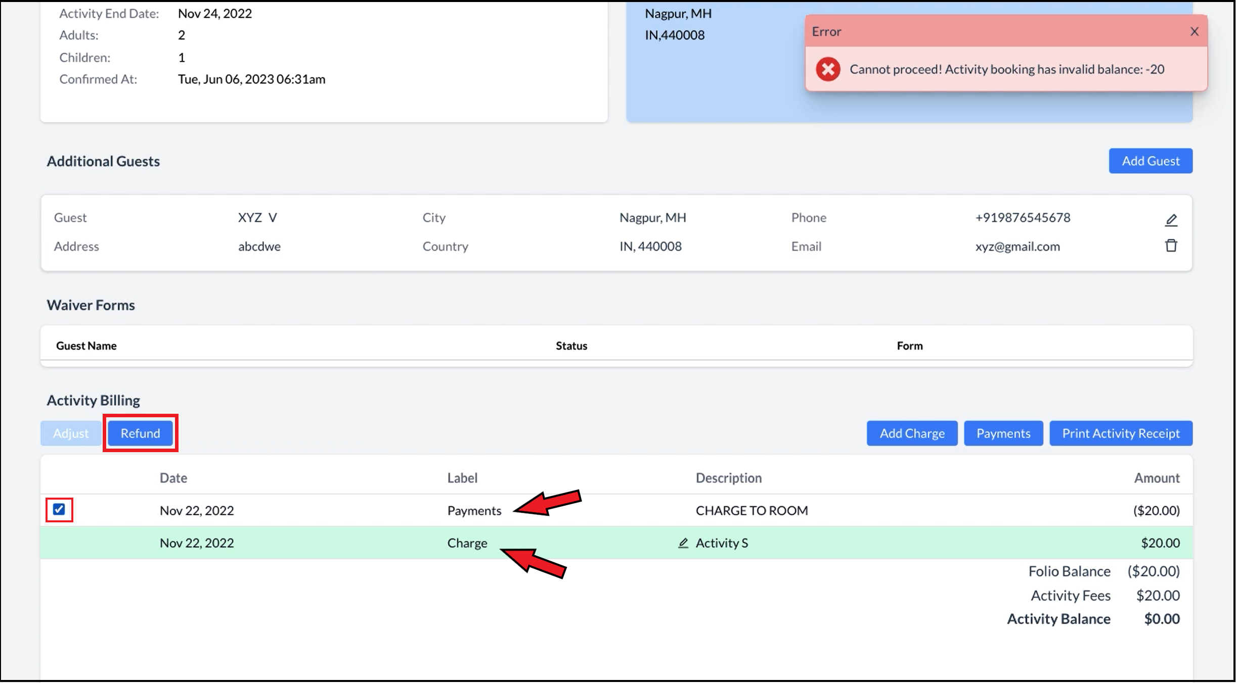 Activity Billing Section - Select Payment Item(s) To Refund