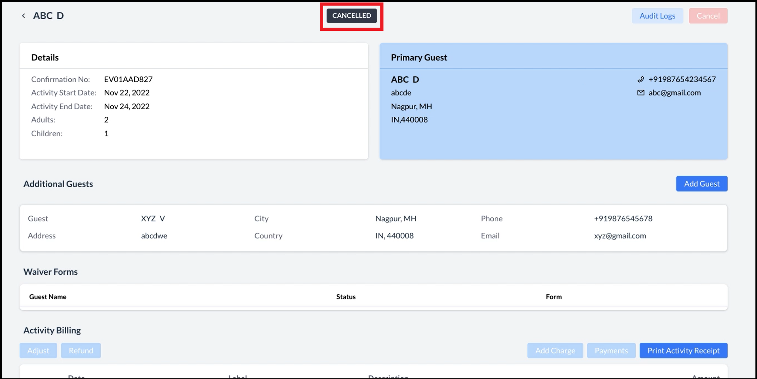 Activity Booking Details - Status Updated to CANCELLED