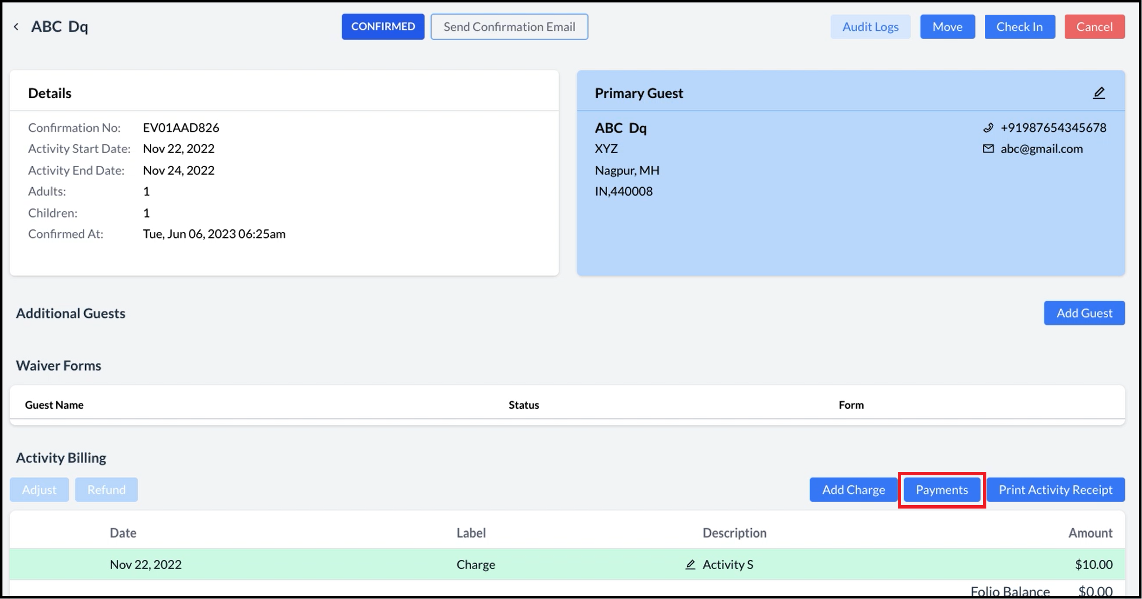 Booking Details - Payments Link