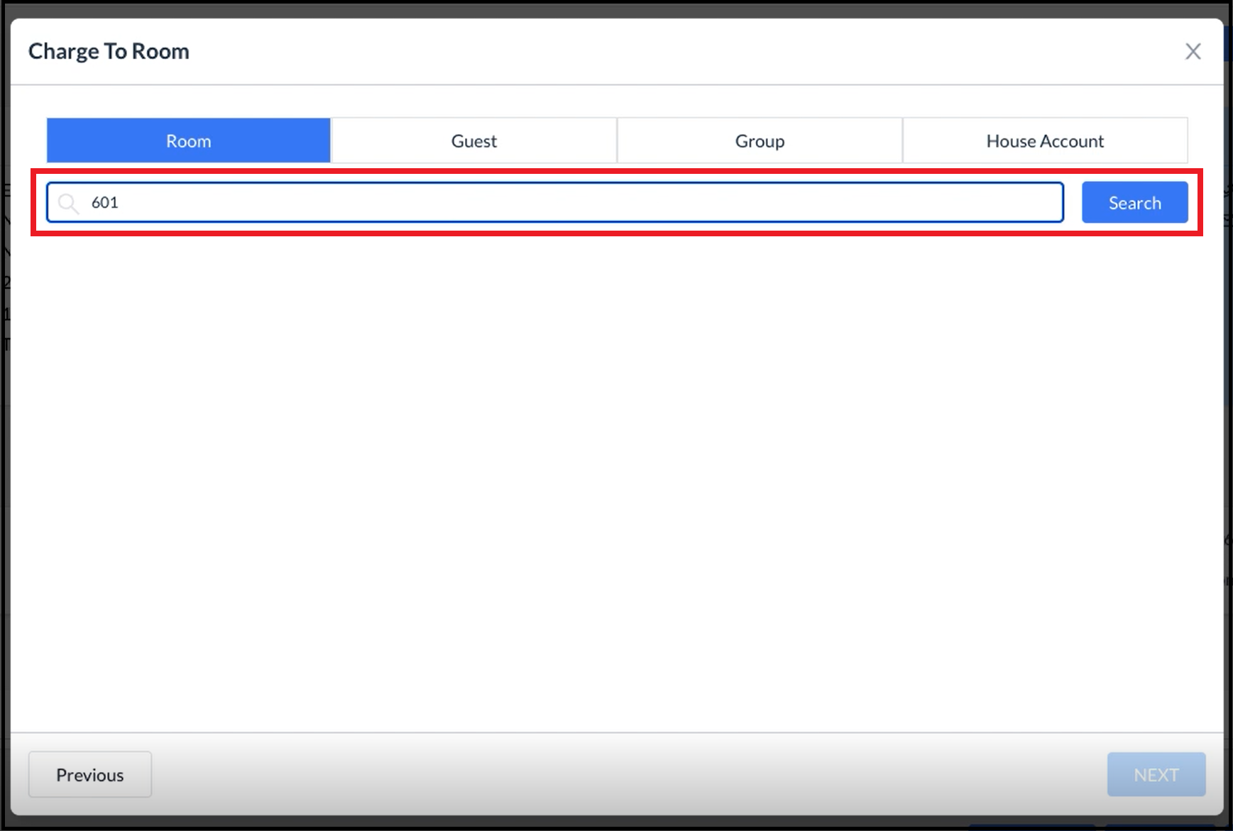 Charge To Room Popup - Search Form