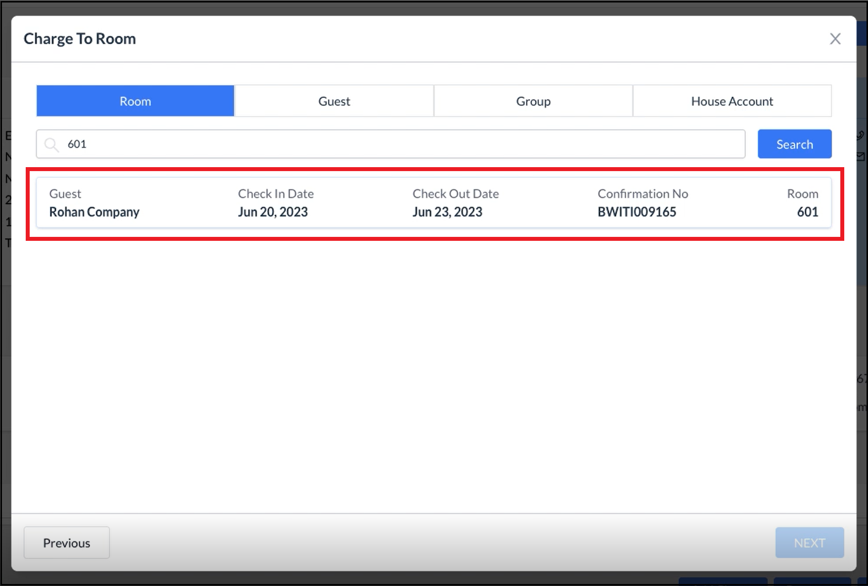 Charge To Room Popup - Results List