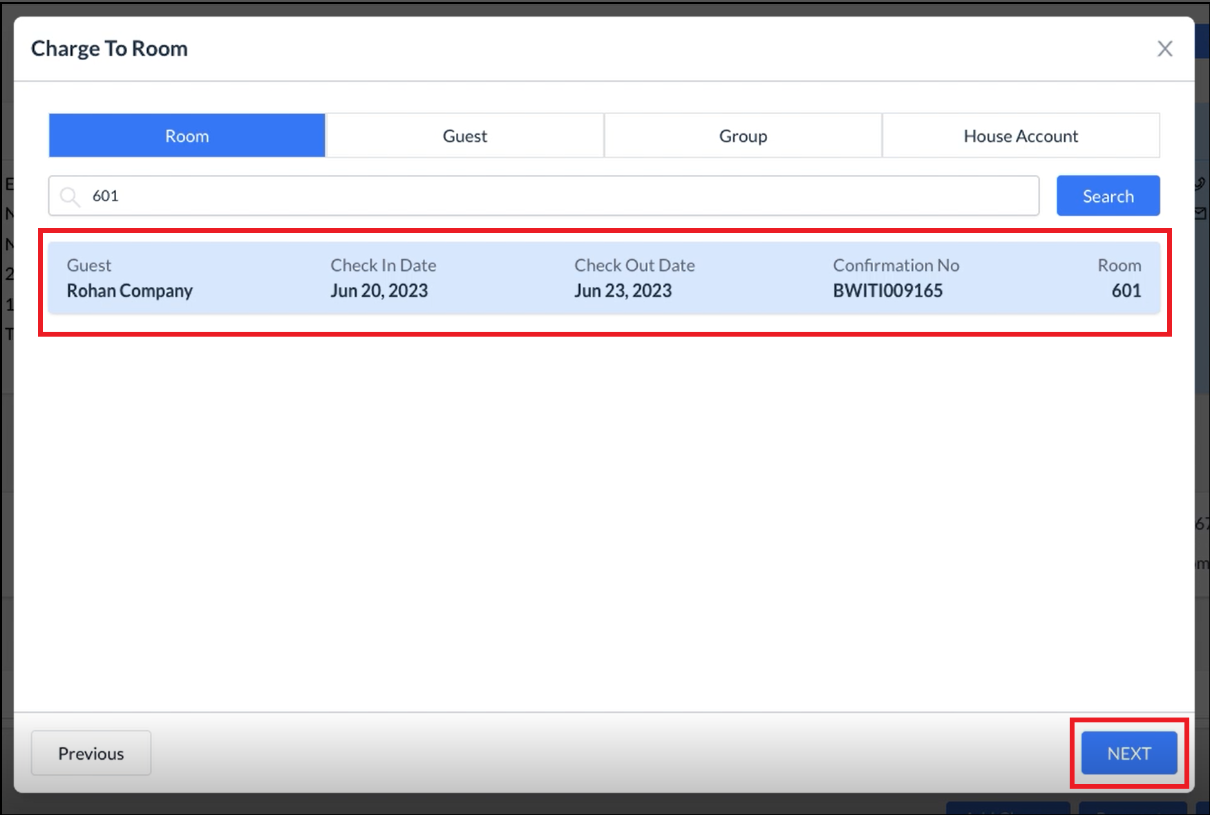Charge To Room Popup - Room Selected