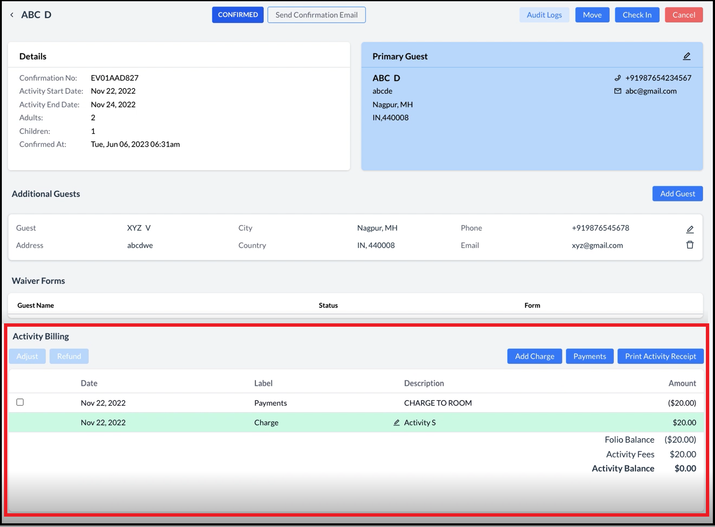 Booking Details Panel - Activity Billing Updated