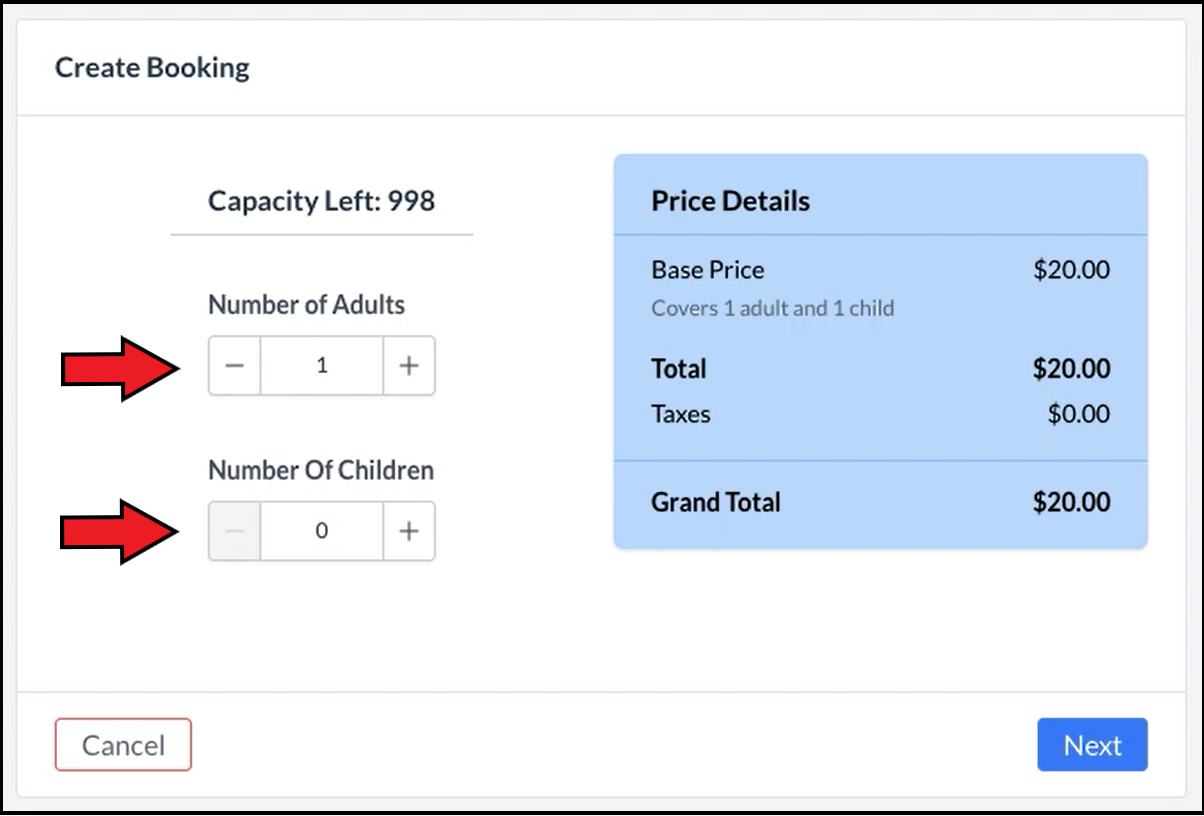 Create Booking Popup - Enter Guest Count(s)