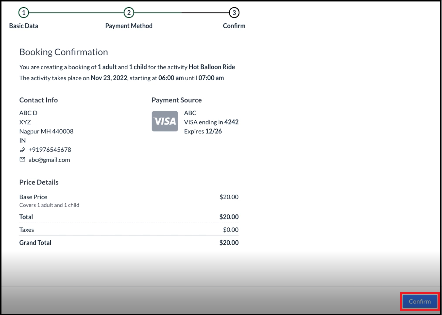 Create Booking Wizard - Confirm Panel