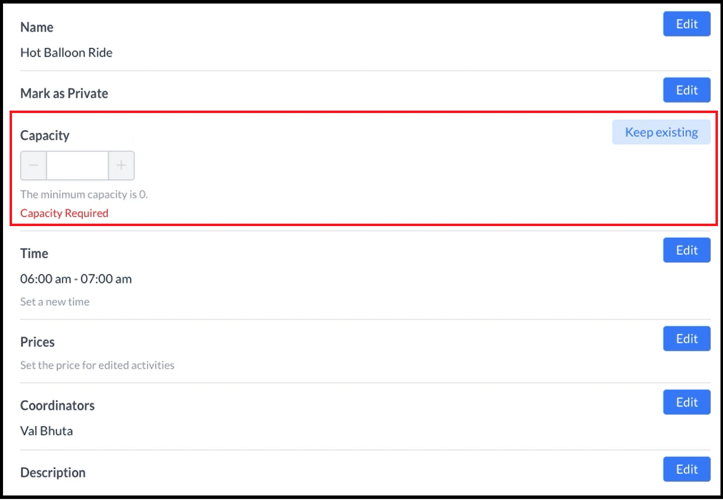 Edit Activities - Capacity Section Expanded