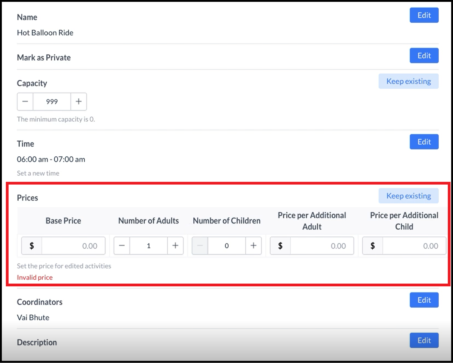 Edit Activities - Prices Section Expanded