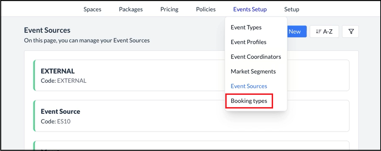 Events Setup Menu - Booking Types Link