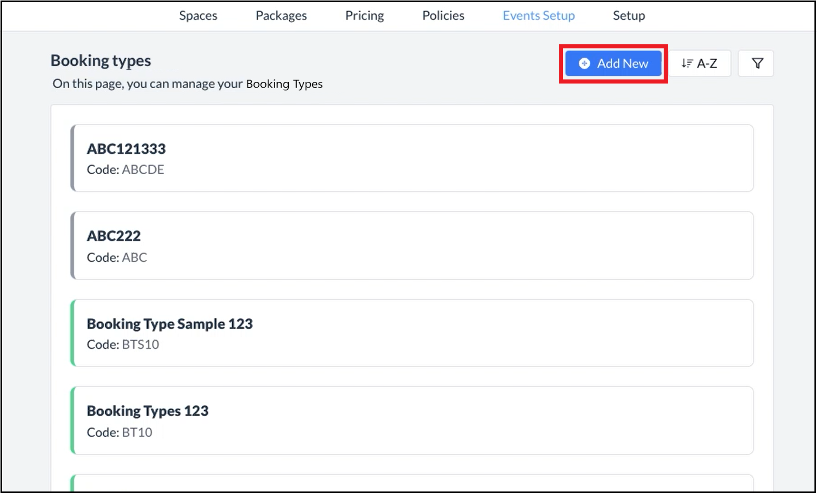 Booking Types List - Add New Link